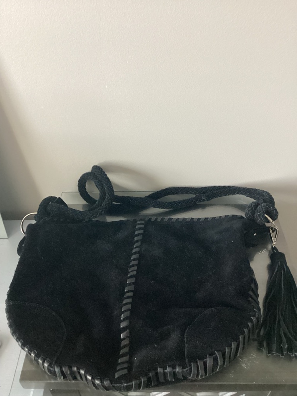 Crown Vintage Black Suede Boho Festival Whipstitch Bag with Tassel
